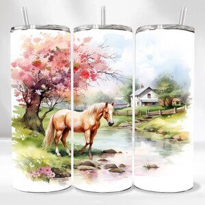 NEW Summer Horse Farm Stream 20oz Skinny Tumbler With Lid Reusable Straw